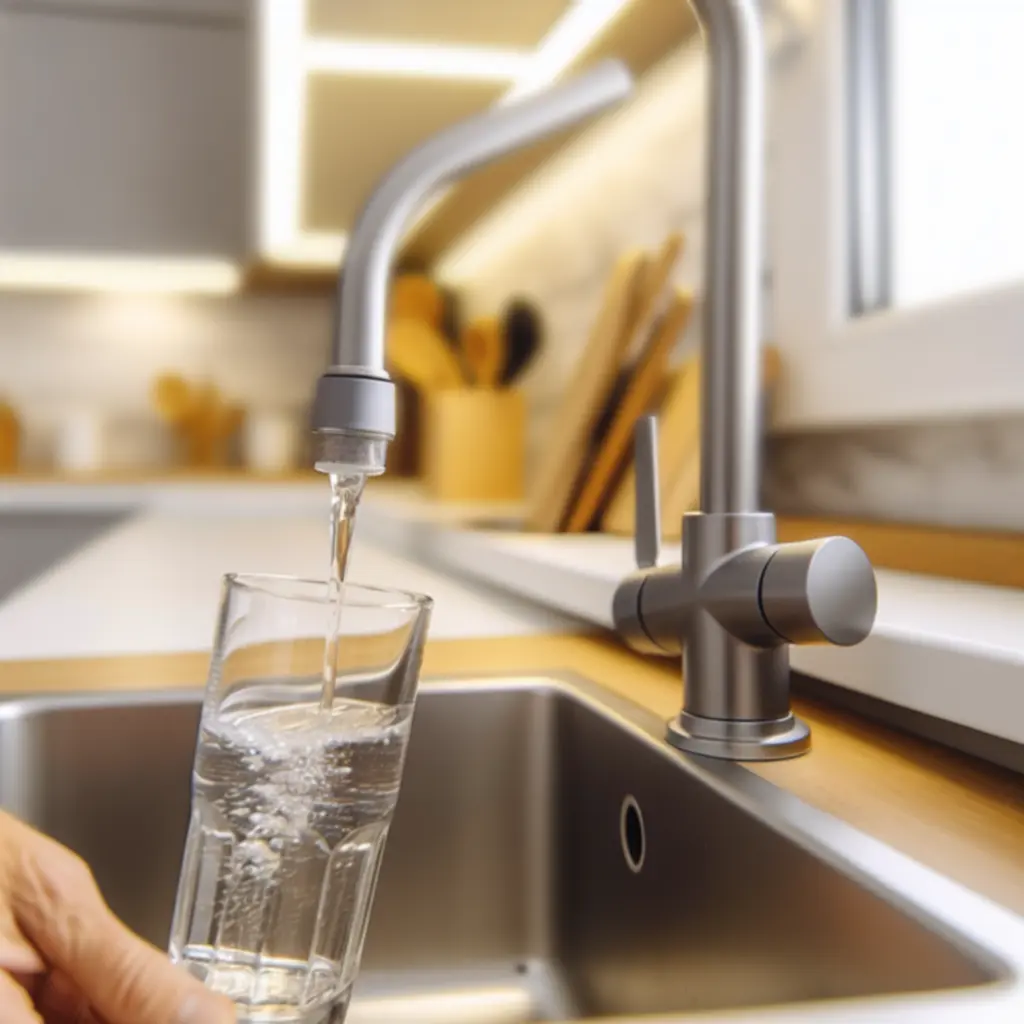 Szklanka przefiltrowanej wody w nowoczesnej kuchni