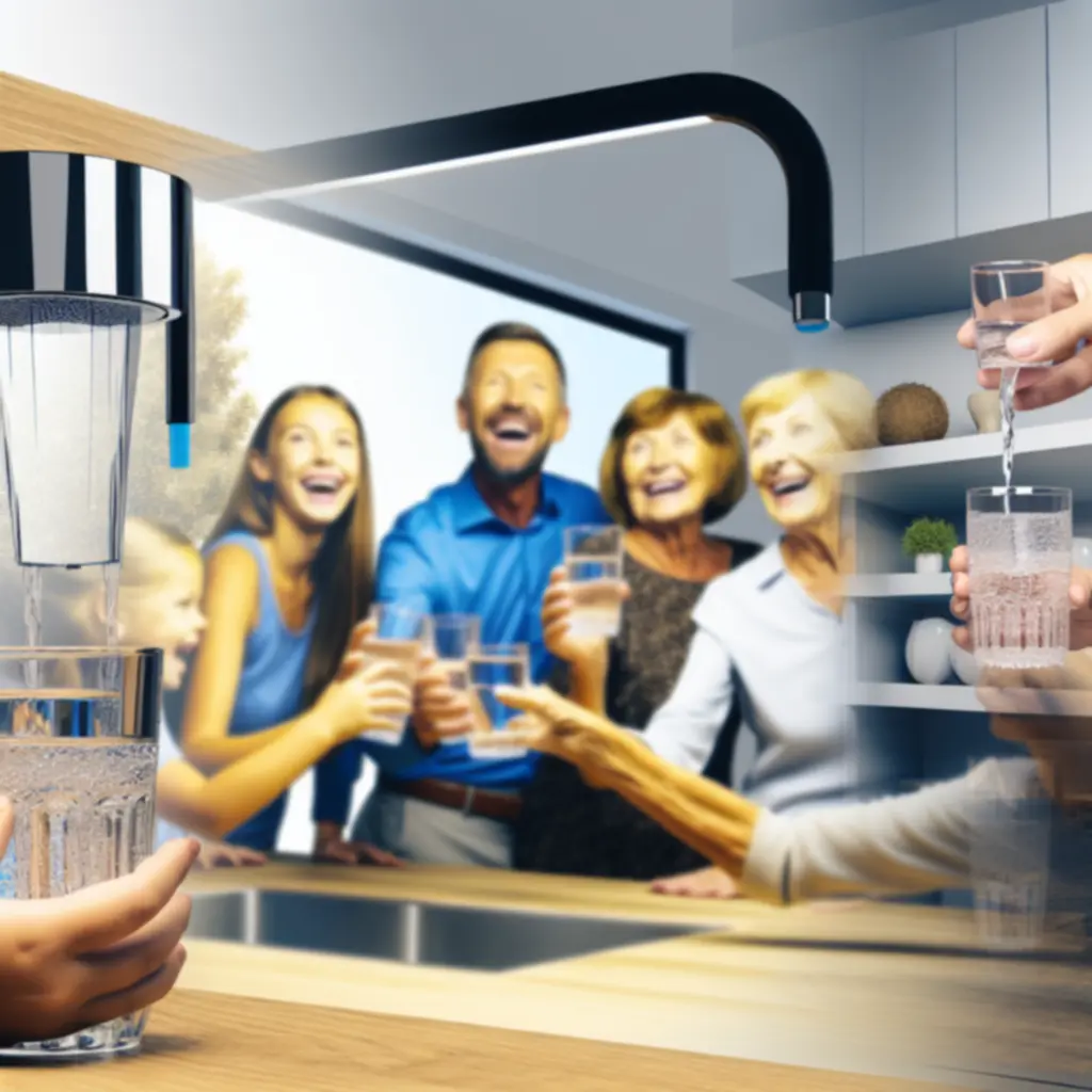 Zadowolona rodzina przy kuchennym zlewie z filtrem wody HomeAquya
